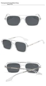 Detailed views of transparent square sunglasses C10 with dark grey lenses and silver metal legs
