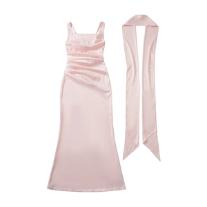Elegant pink satin bodycon dress with matching long scarf and boning details