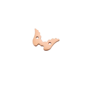 Polished rose gold stainless steel angel wing pendant with double holes on white background