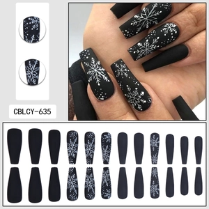 Long ballet black matte fake nails with white snowflake patterns, 24 piece set for Christmas