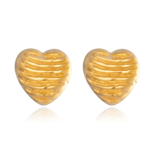 Detail of gold heart earrings with textured wavy surface and elegant polished finish
