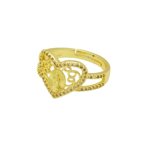 Detailed close-up of golden adjustable heart ring with Virgin Mary and love engraving