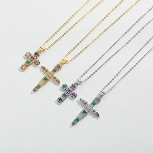 Retro hip-hop necklaces with colorful crystal cross pendants in gold and silver finish