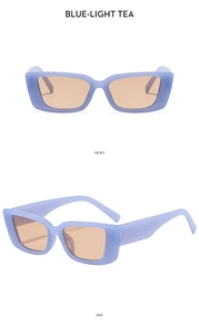 Detailed front and side views of purple rectangular sunglasses with tea-tinted lenses