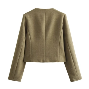 Back view of olive green cropped blazer showing textured fabric and clean tailoring