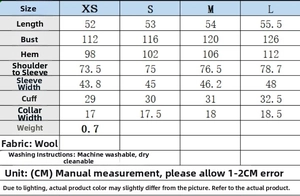 Detailed size chart for the cropped bomber jacket including length and bust measurements