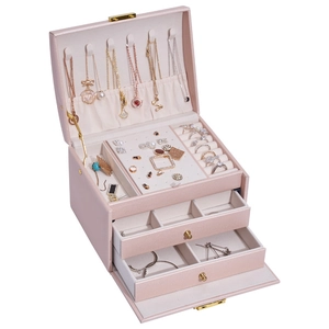 Three-layer pink PU leather jewelry box with drawers and lock for ring storage