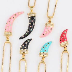 Horn Pendant Necklace Gold Plated Copper Colorful Zircon Enamel Cornicello Italian Style Jewelry For Women