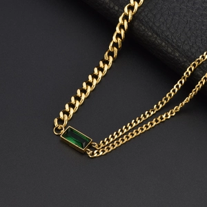 Vintage titanium steel necklace with emerald pendant and double-layered gold chain