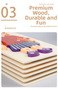 Macro shot of 3D wooden number puzzle with smooth edges and cartoon character illustrations