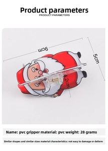 Détail de la pince à cheveux Père Noël de 9cm montrant les dimensions et le PVC durable