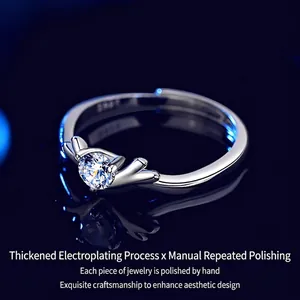 S925 Sterling silver adjustable deer antler ring with round sparkling cubic zirconia stone