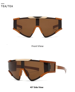 Front and 45-degree side view of oversized futuristic tea lens sunglasses with orange frames