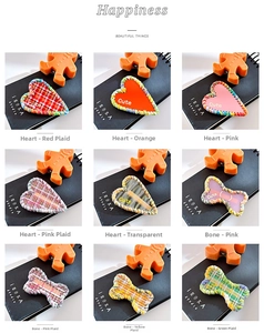 Collage of cute heart and bone-shaped hair clips in various colorful plaid fabric styles