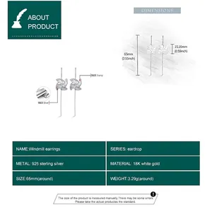Size chart for 925 sterling silver windmill earrings showing 65mm length and 3.29g weight