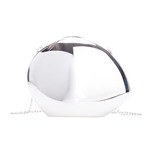 Futuristic silver egg-shaped crossbody bag with mirror polish finish and metal chain