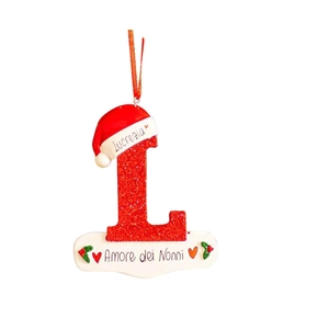 Detail of red glitter Christmas letter L ornament with Lucrezia name and heart details