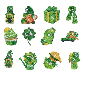 St. Patrick's Day DIY Diamantmalerei Aufkleber Set mit 12 Glückszwerg- und Kleeblatt-Motiven
