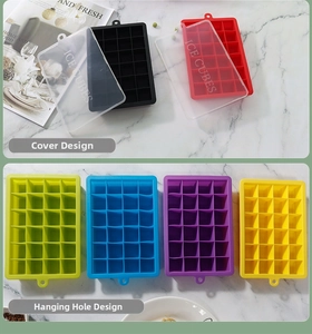 Detail of 24-grid silicone ice cube molds with lids in multiple vibrant colors