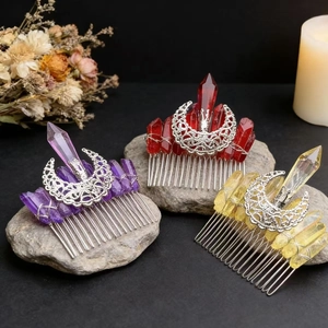 Handmade moon hair combs set with natural purple red and yellow crystal stones