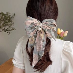 Pince à cheveux nœud en mousseline fleurie avec perles et strass pour coiffure chic