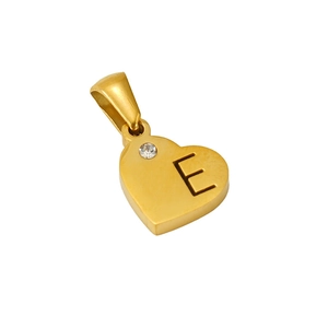 Detail of a gold heart pendant featuring the letter E and a small sparkling crystal
