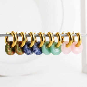 Polished 18K gold stainless steel hoop earrings with colorful natural stone charms