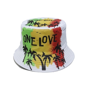 White One Love bucket hat with palm trees and reggae colors graffiti for beach sun protection