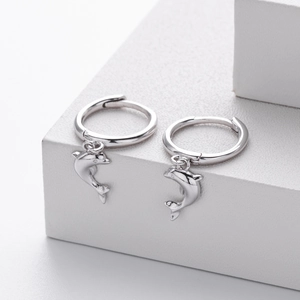 Detailed close-up of S925 sterling silver dolphin earrings on a white display stand