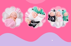 Detailed view of mini sleeping baby dolls in bunny, panda, and frog plush animal onesies
