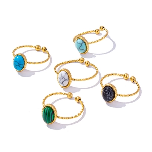Set of five adjustable 304 stainless steel rings with colorful oval gemstone inlays
