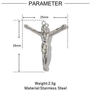 Detailed view of stainless steel crucifix pendant showing 25mm by 29mm dimensions