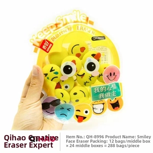 Close-up of creative yellow emoji eraser set in QIHAO window packaging held by hand