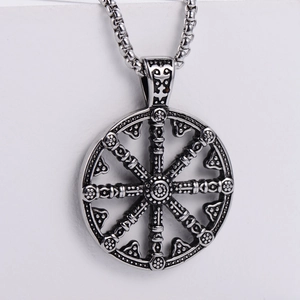 Men's Viking compass necklace in stainless steel with detailed antique silver engraving