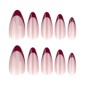 French red cat-eye almond press-on nails with glitter pink tips in a set of 10 pieces