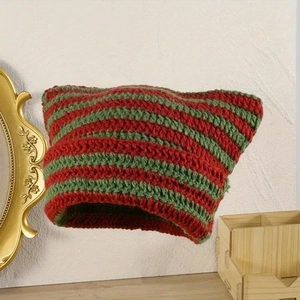 Unisex striped knit beanie with funny cat ears design for autumn and winter warmth