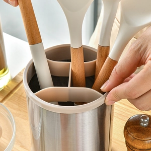 Rotating stainless steel kitchen utensil holder with multi-compartment divider for countertop