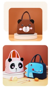 Detailed view of cute cartoon animal insulated lunch bags for students and office workers.