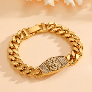 Golden Cuban link bracelet with diamond-set dollar sign pendant in hip hop style
