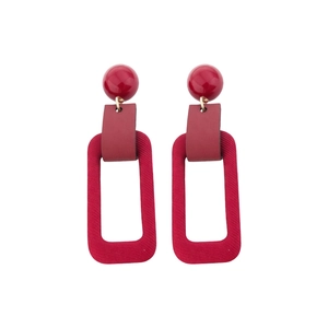 Vintage red flocked leather geometric drop earrings featuring a layered rectangular design