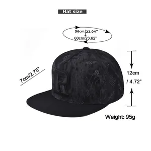 Size chart showing head circumference 56-60cm for the flat brim R embroidered baseball cap
