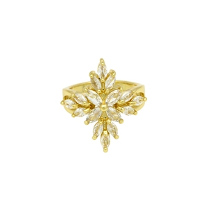 Macro shot of gold plated open ring featuring sparkling marquise cut zircon cross detail