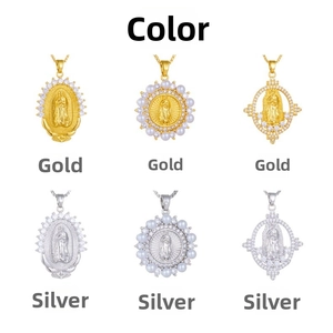 Detail view of Our Lady of Guadalupe pendants with micro-pave cubic zirconia accents