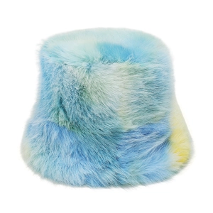 Detailed close-up of gradient rainbow faux mink fur texture on a warm bucket hat