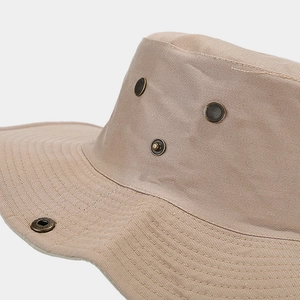 Detailed close-up of khaki outdoor sun hat featuring metal vents and snap buttons