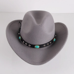 Close-up of gray wool western cowboy hat with studded leather band and turquoise stone