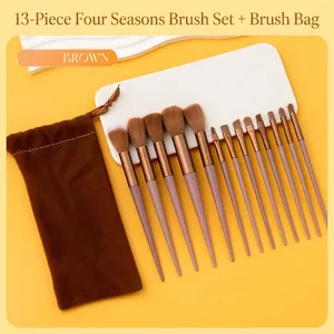 13pcs Morandi pink makeup brush set with bronze ferrule and brown drawstring pouch