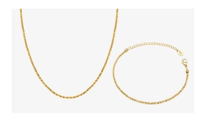 Macro view of 18K gold dainty chain necklace and bracelet set with K18 engraved tag