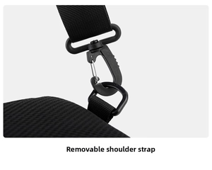 Detail of the detachable shoulder strap with a rotatable swivel hook on a black chest bag
