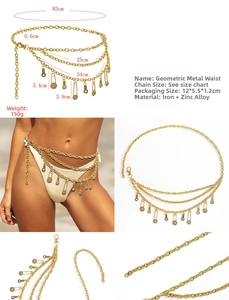 Detail showing multi-layer gold geometric waist chain with coin pendants and dimensions